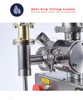 Close-up of the anti-drip filling nozzle of Heavy Workhorse Commercial Grade Automatic Horizontal Bottle Filler Stainless Steel Pneumatic Piston Dispenser.