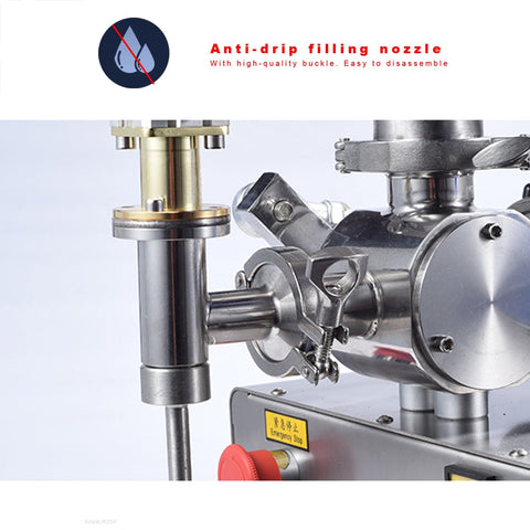 Close-up of the anti-drip filling nozzle of Heavy Workhorse Commercial Grade Automatic Horizontal Bottle Filler Stainless Steel Pneumatic Piston Dispenser.
