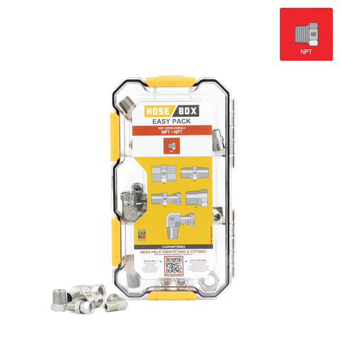 All-In-One Heavy Duty Hydraulic Fittings And Adapter Kit With 101 Adapters And 150 O Rings For NPT Threads In A Rugged Waterproof Case HBT5600 Series Everyday Hydraulic System Essentials With QR Code To LearnFittings Resource Center showing contents