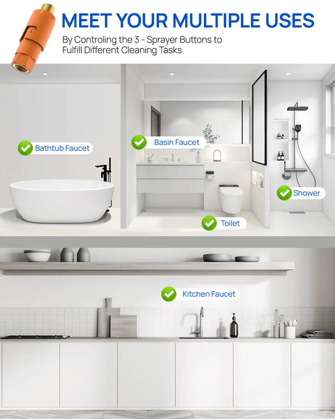Heavy Duty Under Sink In Line Sediment Water Filter With 9/16 Male Female Thread Connector For Kitchen Bath And RV Faucet Lines shown in various setups.