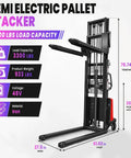 Heavy Duty 3300 Lbs Electric Pallet Stacker With Manual Push Handles For No Sweat Warehouse Loading and Industrial Grade Material Handling Rigs Built To Last showing dimensions and features.