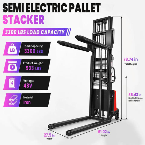Heavy Duty 3300 Lbs Electric Pallet Stacker With Manual Push Handles For No Sweat Warehouse Loading and Industrial Grade Material Handling Rigs Built To Last showing dimensions and features.