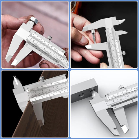 Vernier Caliper 6 Inch Non Digital Measuring Tool With Inside Outside Depth And Step Measurements High Precision Caliper 0.02mm 0.001 Inch Ideal For Metalworking And DIY Projects Durable Carbon Steel Construction, shown measuring metal parts
