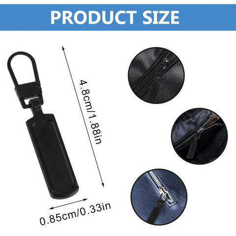 8 Pack Black Zipper Pull Replacements For Jackets And Coats Bags And Luggage Easy Install Zipper Sliders Detachable Pull Tabs Repair Kit For Clothing Backpacks Suitcases Boots And Purses, showing dimensions and usage on various zippers