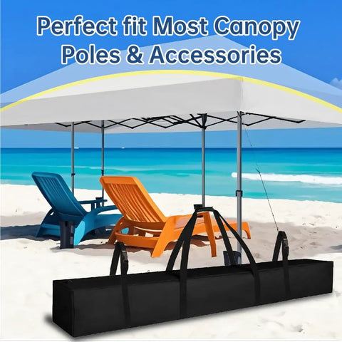 Heavy-Duty Large Tent Pole Storage Bag 83-Inch Long And 10-Inch Wide Water-Resistant Gear Carrier on beach near canopy.