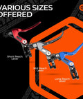 Various sizes of BMX brake levers including red short reach, silver mid reach, and blue long reach shown on an orange graphic background.