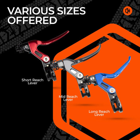 Various sizes of BMX brake levers including red short reach, silver mid reach, and blue long reach shown on an orange graphic background.