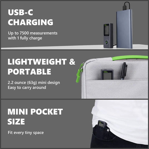 Bluetooth Laser Distance Meter With Real Time Measuring And 165 Foot Range Type C Rechargeable USB-C charging, pocket size