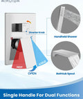 Diagram of Wall Mount Tub Faucet With Waterfall Spout And Handheld Shower, chrome finish, showcasing dual flow control features.