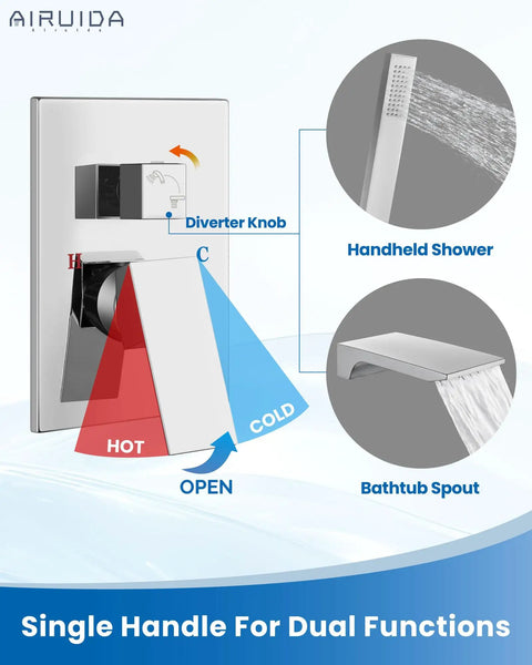 Diagram of Wall Mount Tub Faucet With Waterfall Spout And Handheld Shower, chrome finish, showcasing dual flow control features.