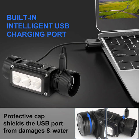 Rechargeable 4000 Lumen Headlamp For Grownups Super Bright LED Headlight with USB charging connected to laptop