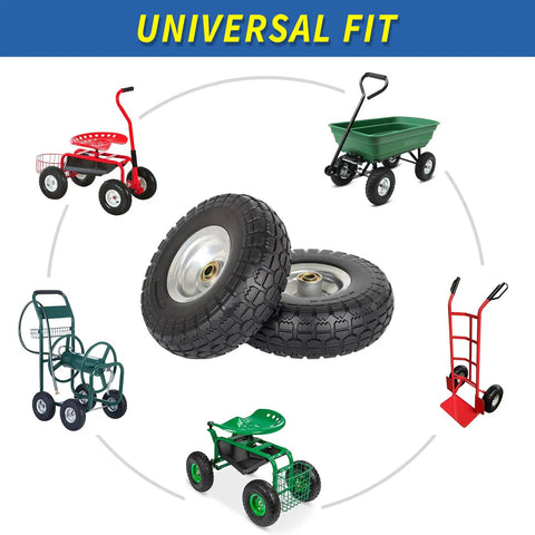 10 Inch Flat Free Tire And Wheel Set 4.10/3.50-4 with 5/8 Inch Axle Bore and 2.2 Inch Offset Hub for carts and garden equipment