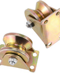 8 Pack 2 Inch V Groove Wheels Built Like A Tank Using Bombproof 1045 Steel And Rust Busting Plating To Roll Ridiculously Smooth On Any Heavy Duty Sliding Gate Track, showcasing two metal gate roller wheels.