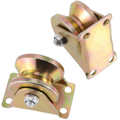 8 Pack 2 Inch V Groove Wheels Built Like A Tank Using Bombproof 1045 Steel And Rust Busting Plating To Roll Ridiculously Smooth On Any Heavy Duty Sliding Gate Track, showcasing two metal gate roller wheels.