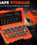 Bolt Extractor Kit 14 Piece Impact Grade CRMO Steel Nut Remover Set With Three Eighths Inch Drive Socket For Removing Frozen Rusted Rounded Bolts And Lug Nuts Sizes Eight To Nineteen Millimeters In Automotive And Machinery Repair in orange case