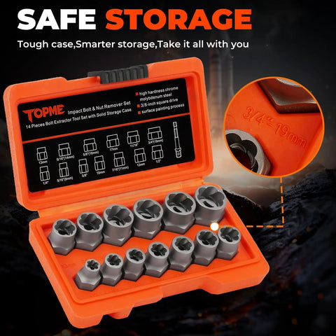 Bolt Extractor Kit 14 Piece Impact Grade CRMO Steel Nut Remover Set With Three Eighths Inch Drive Socket For Removing Frozen Rusted Rounded Bolts And Lug Nuts Sizes Eight To Nineteen Millimeters In Automotive And Machinery Repair in orange case