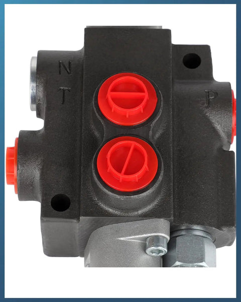Close-up of One Spool Hydraulic Flow Control Valve For Tractor Loader, 11 GPM At 3600 PSI, SAE Ports, Adjustable Relief Lever