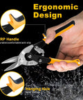 Hand holding 10 Inch Tin Snips For Sheet Metal Cutting Built Tough Heavy Duty Cutter Shears Straight Cut Chrome Vanadium Steel CRV