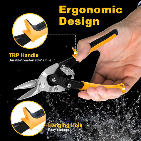Hand holding 10 Inch Tin Snips For Sheet Metal Cutting Built Tough Heavy Duty Cutter Shears Straight Cut Chrome Vanadium Steel CRV