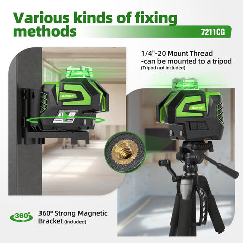 Self Leveling Green Cross Line Laser Level With 360 Degree Horizontal Beam And 140 Degree Vertical Plumb Dots on bracket and tripod