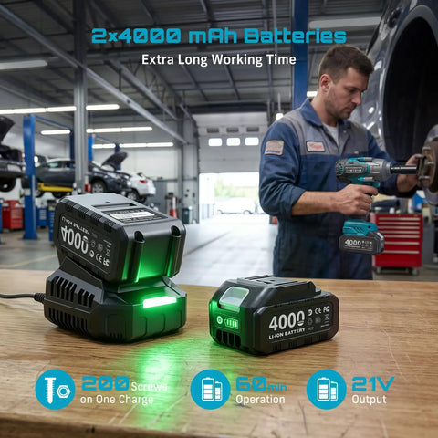Charging two 4000 mAh batteries for Heavy Duty Cordless Impact Wrench Delivering 738 Foot Pounds Of Knockout Brute Force Half Inch Driver.