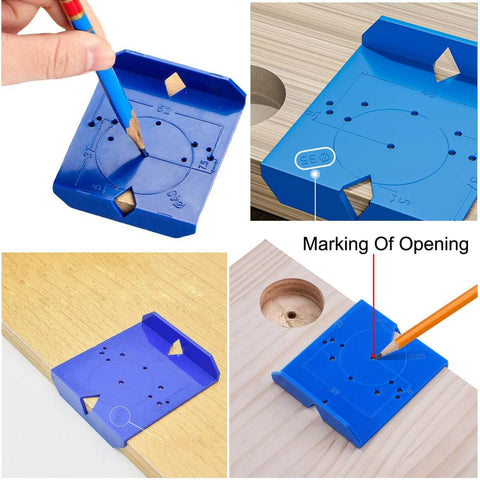 Precise, portable hinge jig and punch locator drill guide set, blue ABS, marking hole positions for concealed Euro hinges