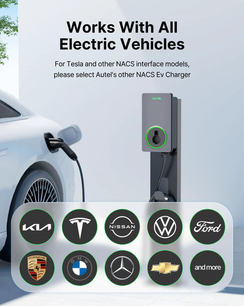 Level 2 EV Charger Up To 50 Amp 240 Volt Hardwired Indoor Outdoor Fast Charging Station With Flexible 25 Foot Cable Dark Gray Gen 2 AI Smart Charging With Time Of Use Insights And Voice Guided Q And A For Quick Help near electric car and compatible brand logos