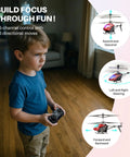 Child playing indoors with Remote Control RC Helicopter With 40 Minute Flight Time And Dual Batteries, Auto Obstacle Avoidance