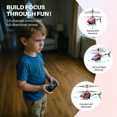 Child playing indoors with Remote Control RC Helicopter With 40 Minute Flight Time And Dual Batteries, Auto Obstacle Avoidance