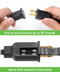 End-to-end connectors for 50 Foot Outdoor String Lights with 15 Shatterproof LED Edison Bulbs, showing plug and spare fuse.