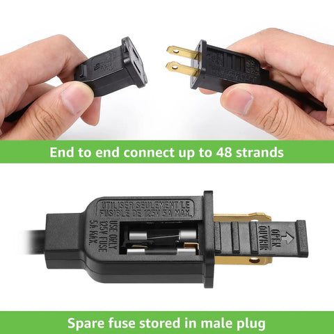 End-to-end connectors for 50 Foot Outdoor String Lights with 15 Shatterproof LED Edison Bulbs, showing plug and spare fuse.
