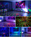 Disco Ball Party Lights With RGB Strobe And Pattern Projection, illuminating room with vibrant colors and dynamic patterns.