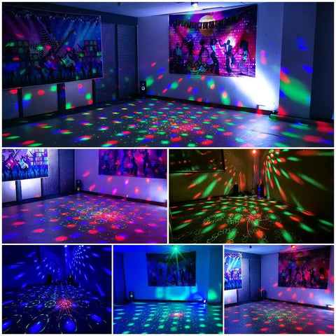 Disco Ball Party Lights With RGB Strobe And Pattern Projection, illuminating room with vibrant colors and dynamic patterns.