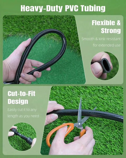 Close-up of Half Inch Drip Irrigation Tubing Main Line 25 Ft Flexible PVC Garden System being cut to length with scissors.