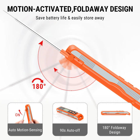 2 In 1 Infrared Thermometer With Meat Probe for Grilling and Cooking showing foldaway design and motion activation