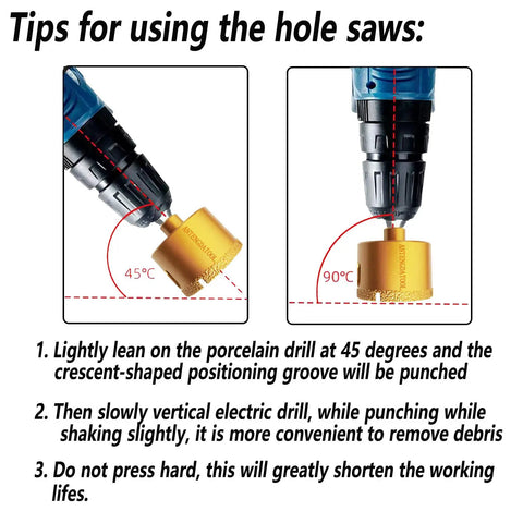 Instructions for using the Dry And Wet Diamond Hole Saw Set, 5-Piece Core Drill Bit Kit on an angle grinder at 45 and 90 degrees.