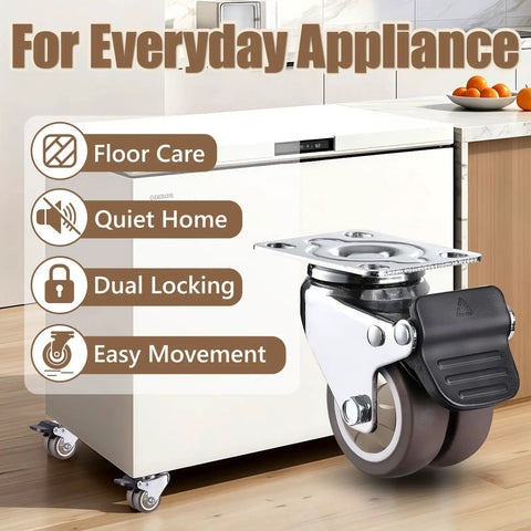 Close-up of 2 Inch Double Wheel Swivel Caster Wheels Set Of 4 Rubber Heavy Duty Casters, shown on a white appliance, highlighting features.