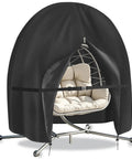 Heavy Duty Black Outdoor Egg Chair Cover 90x78 Inches With Full Zipper Dustproof And Tear Resistant Protection shown on a hanging chair