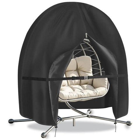 Heavy Duty Black Outdoor Egg Chair Cover 90x78 Inches With Full Zipper Dustproof And Tear Resistant Protection shown on a hanging chair