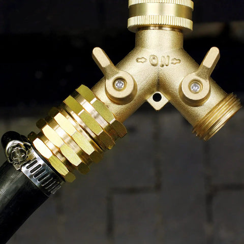 Garden Hose Adapter Set 3/4 Inch Brass GHT Double Female Swivel Connectors attached to a hose with brass fittings visible