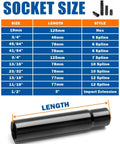 Half Inch Drive Spline Lug Nut Socket Set 10 Piece size and style chart showing lengths of sockets and impact extension.