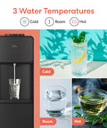 Bottom Load Water Cooler Dispenser With Hot Cold And Room Temp Water, showcasing all three water temperatures with glass visuals.