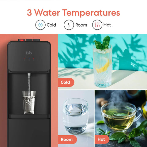Bottom Load Water Cooler Dispenser With Hot Cold And Room Temp Water, showcasing all three water temperatures with glass visuals.