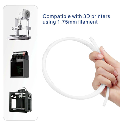 Hand holding PTFE Teflon Tubing 5ft Long, 2mm ID X 4mm OD For 1.75mm Filament Bowden 3D Printers, Translucent, with 3D printer compatibility.