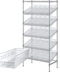 Heavy Duty Chrome Storage Shelving Unit 18 By 36 By 74 Inches With 25 Clear Bins showing clear bins and chrome frame for garage organization.