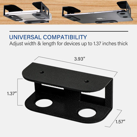 Prime Desk Real Estate Saver This Under Desk Laptop Mount is a solid steel holder with dimensions for secure mounting.