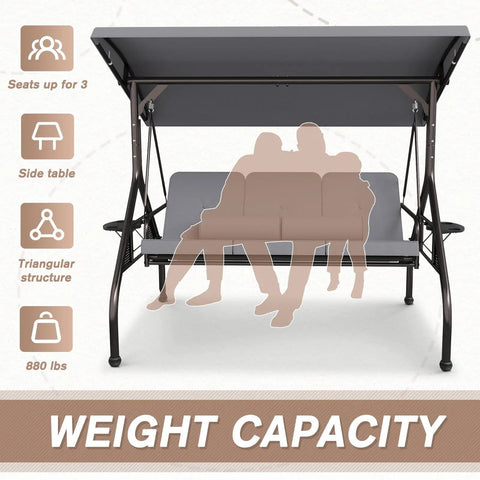 Three Seat Outdoor Porch Swing Chair With Adjustable Canopy Two In One Convertible Backrest Into Bed Weather Resistant Gray