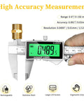 6 Inch Digital Caliper With Large Backlit LCD Display measuring a brass fitting, showing precision readings on stainless steel vernier.