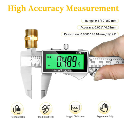 6 Inch Digital Caliper With Large Backlit LCD Display measuring a brass fitting, showing precision readings on stainless steel vernier.
