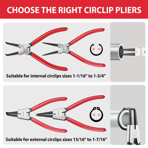 4 Piece Snap Ring Pliers Set, Seven Inch Internal And External Circlip Pliers Kit With Straight And Bent Jaw, Ideal For Ring Remover Retaining Clips, Durable Carbon Steel Construction, Storage Pouch Included shown in use